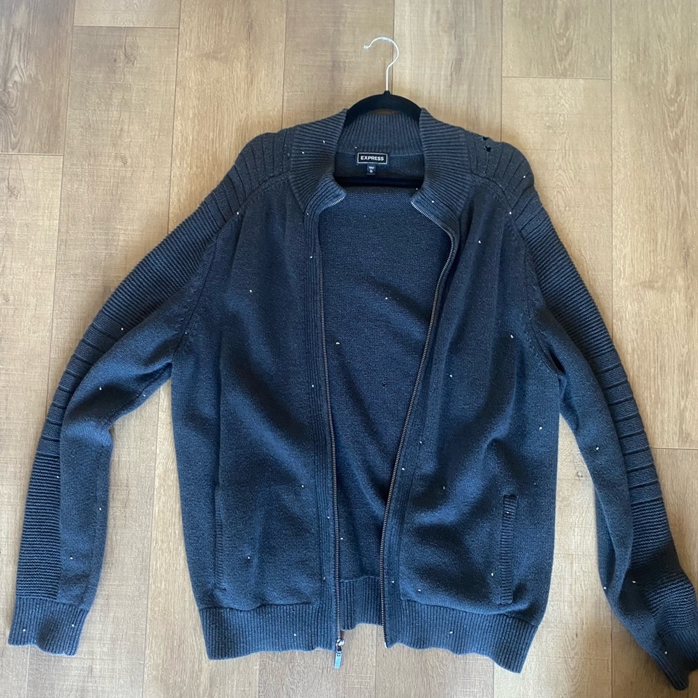 Mens Grey Express Cardigan With Distressing And White Embroidered Dots